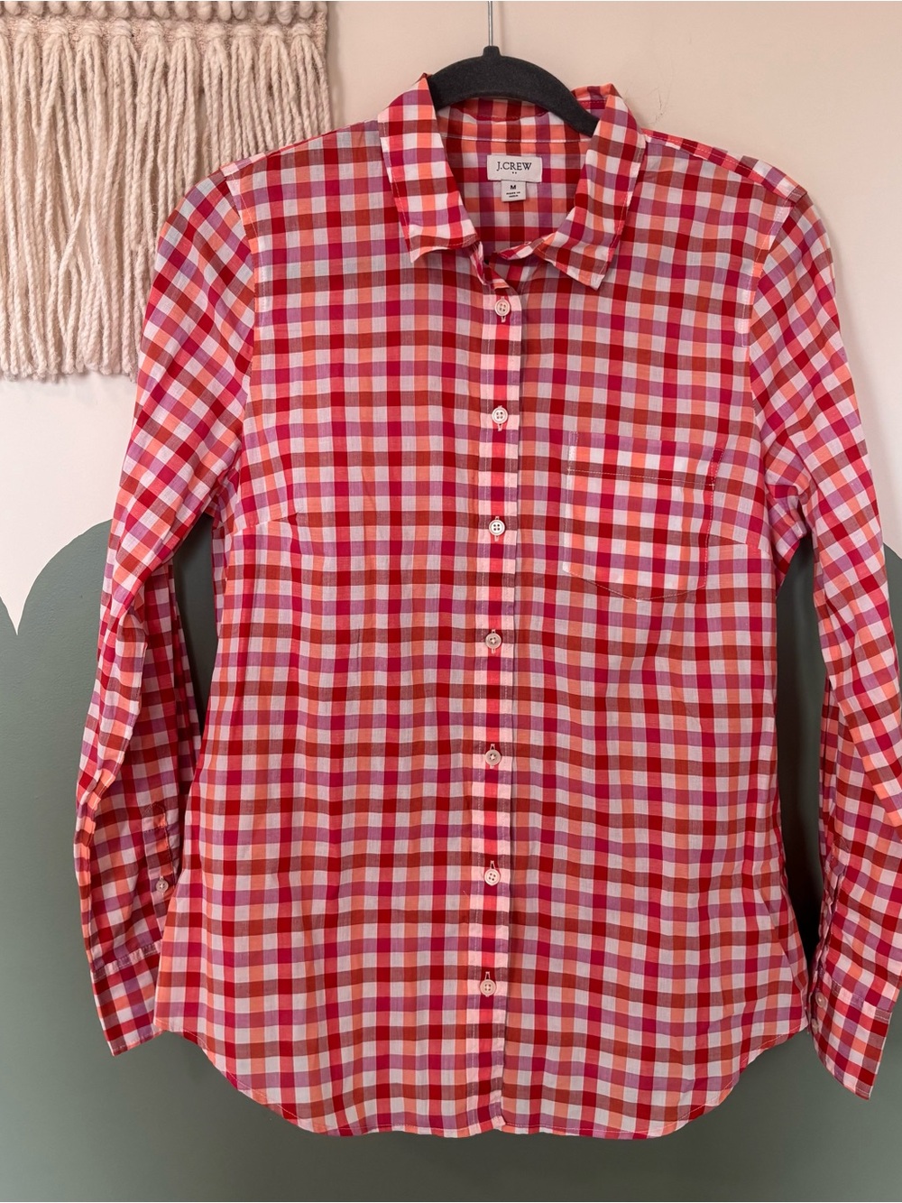 J. Crew Red and White Gingham Button-Down Shirt